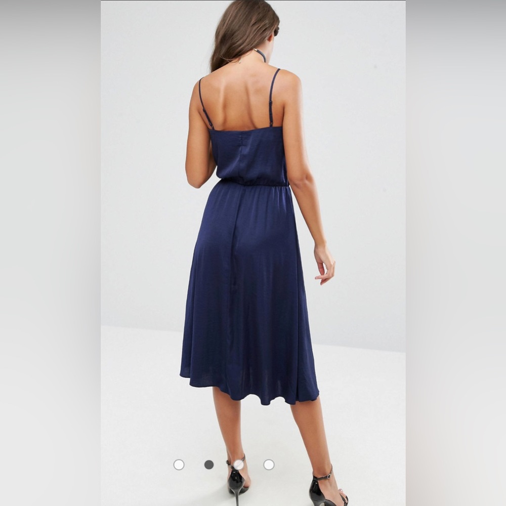 Asos Design Cami Dress Womens Size 14 Navy Blue With Black Lace Trim V Neck - Picture 8 of 12